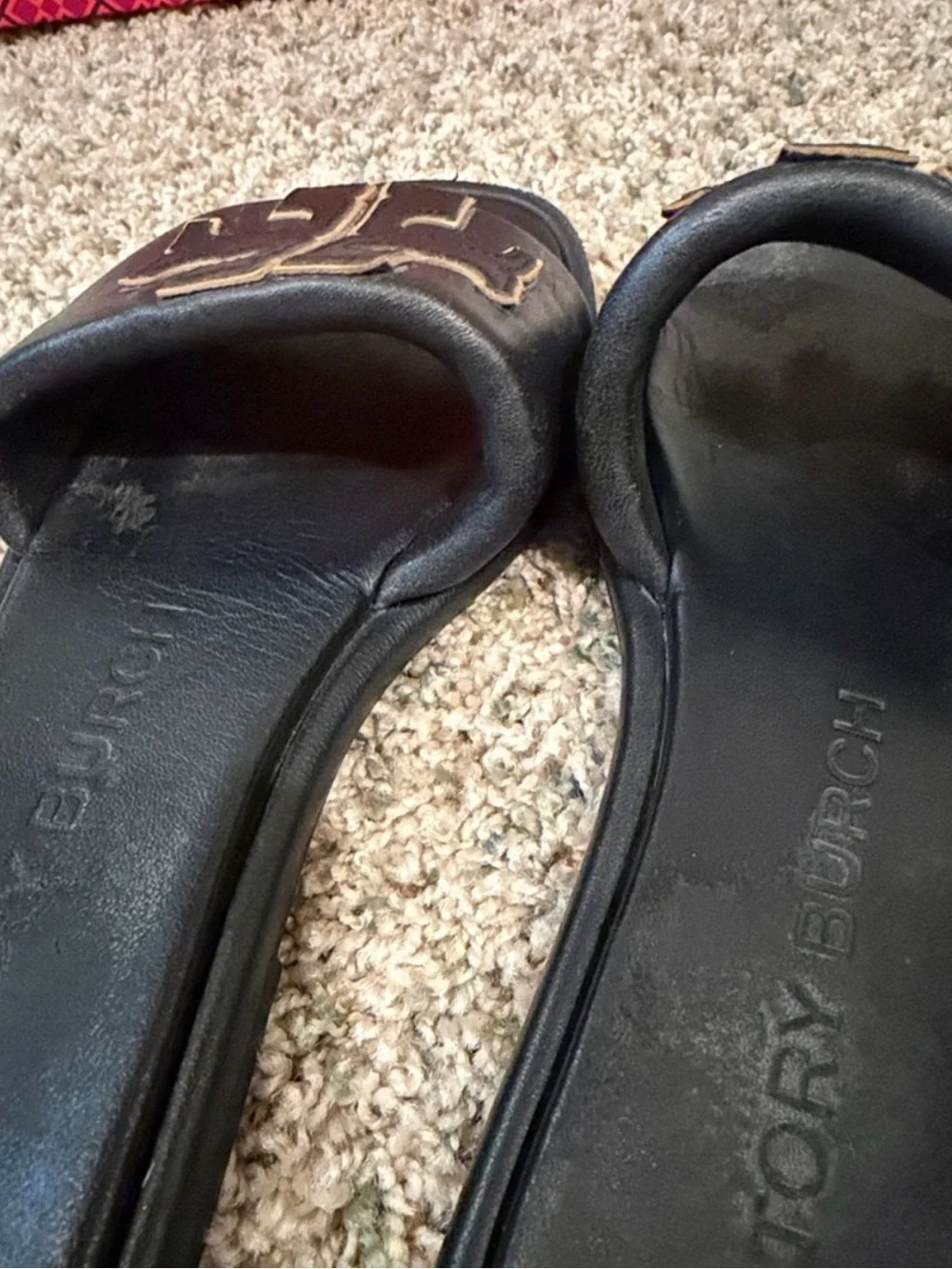 Tory Burch Black Leather Logo Slide Sandals with Gold Trim